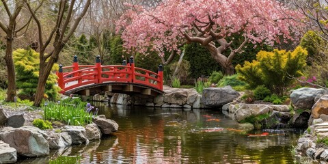 serene Japanese garden with a koi pond, traditional bridges, and cherry blossoms.