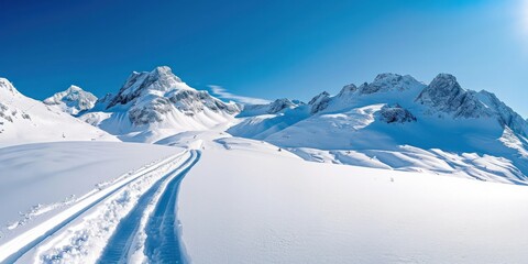 Fototapeta na wymiar A snowy mountain range with ski tracks, glistening snow, and a clear blue sky