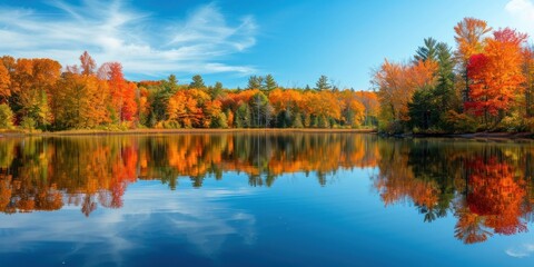 A calm lake surrounded by autumn trees with vibrant fall colors reflected in the water.