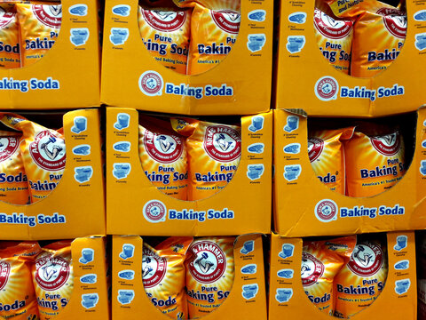 Kaohsiung, Taiwan, August 8, 2019: Arm&Hammer baking soda is sold on the 6.12KG supermarket rack of Church & Dwight Co. Inc. (1 bag), the leading premium baking soda brand in the United States.