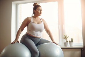 Plump fat young woman in sporty clothes doing fitness,Beautiful chubby girl exercising at home