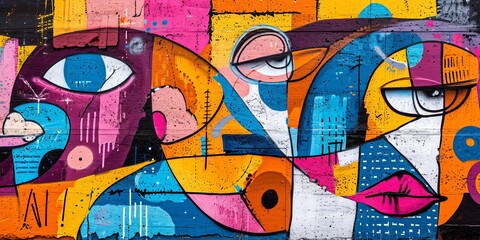 vibrant street art mural on an urban wall, featuring bold colors and contemporary designs