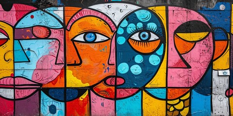 vibrant street art mural on an urban wall, featuring bold colors and contemporary designs