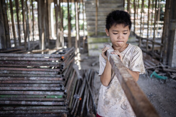 Poor children are forced to work construction, Violence children and trafficking concept,Anti-child...