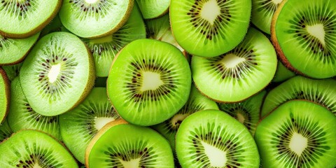 Fresh kiwi fruit slices background, ideal for health and nutrition themes.