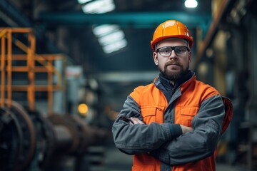 Portrait of male engineer worker working and standing with crossed arms in factory. 