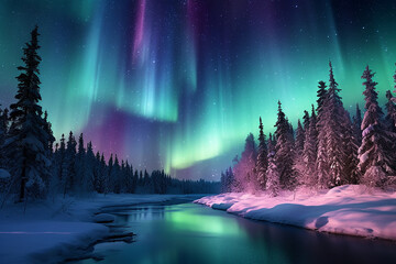 Generative AI Image of River Nature Landscape with Aurora Borealis in Night Sky