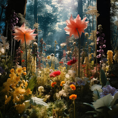 Fototapeta na wymiar Colorful flowers in a fairytale-like forest. Generative AI