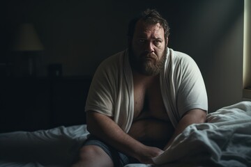 Sad heavy man sitting on bed at home, health problem, depression,  - obrazy, fototapety, plakaty