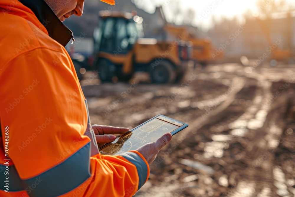 Poster a engineer using a digital tablet on a construction site.