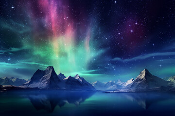 Generative AI Image of Snowy Mountains Landscape with Aurora Borealis and Galaxy in the Sky - obrazy, fototapety, plakaty