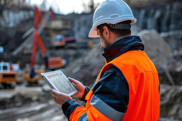  a engineer using a digital tablet on a construction site. 
