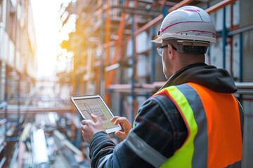  a engineer using a digital tablet on a construction site.  - obrazy, fototapety, plakaty