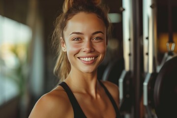 Smiling woman workout and training to live an active at gym,  - obrazy, fototapety, plakaty