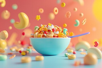 whimsical and colorful scene of a bowl filled with a mix of cereals and candies