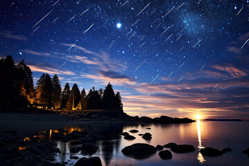 Obraz premium Beautiful Meteor shower in the dark sky at night background, Shiny of shooting star from space, landscape outside of the city, milky way scene.