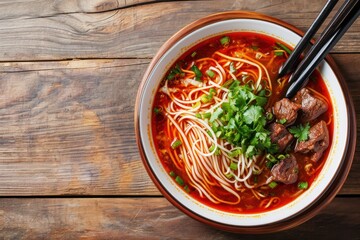Spicy red soup beef noodle in a bowl on wooden table.