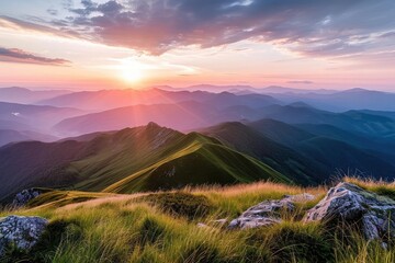 A breathtaking mountain landscape at sunrise Showcasing the beauty and majesty of nature