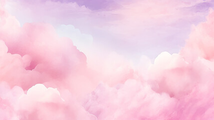 Pink watercolor cotton cloud background. pastel fantasy sky backdrop template for wedding invitation, greeting card, banner or flyer. illustration of fluffy candy clouds