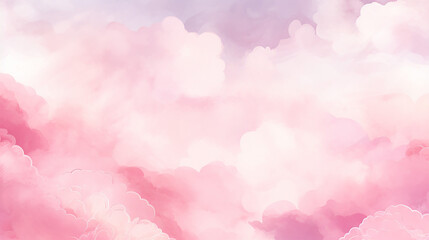 Pink watercolor cotton cloud background. pastel fantasy sky backdrop template for wedding invitation