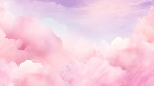 Pink Watercolor Cotton Cloud Background. Pastel Fantasy Sky Backdrop Template For Wedding Invitation, Greeting Card, Banner Or Flyer. Illustration Of Fluffy Candy Clouds