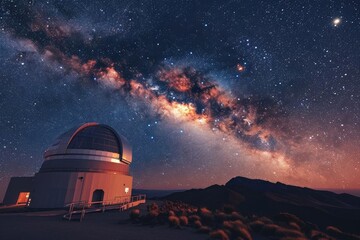 A cosmic observatory with telescopes pointing to distant galaxies - obrazy, fototapety, plakaty