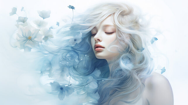 pretty blue ethereal and dreamy artwork with beautiful woman on white background