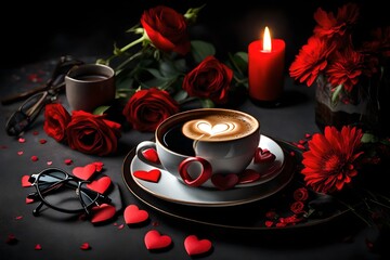 cup of coffee with red rose