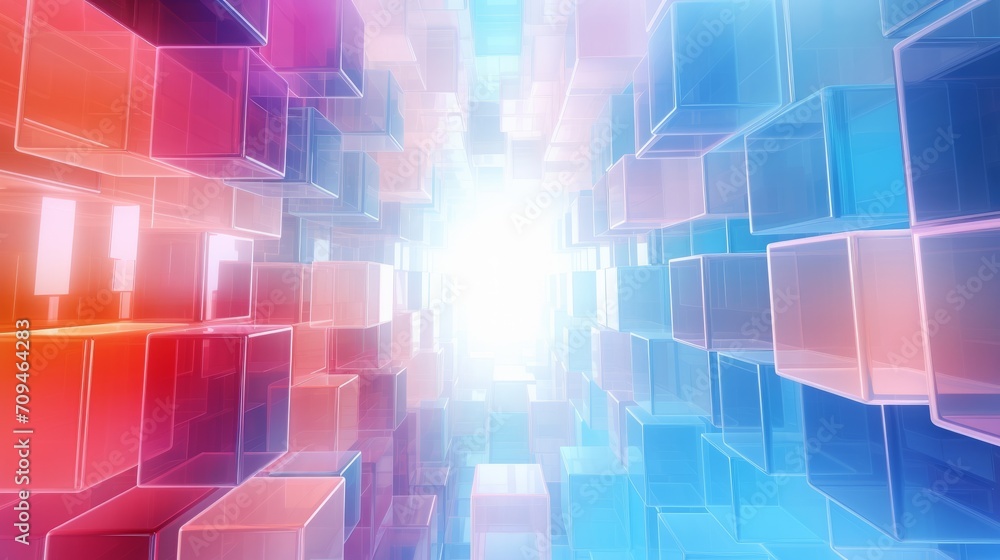Poster vibrant 3d rendering: abstract colorful background with transparent cubes installation