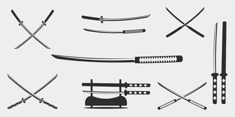 set of katana logo line art vintage vector illustration template icon graphic design