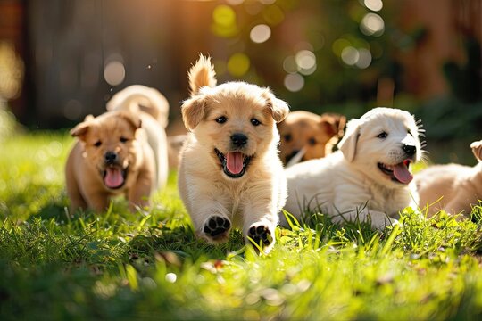 A group of playful puppies in a sunny garden Capturing their playful and joyful nature