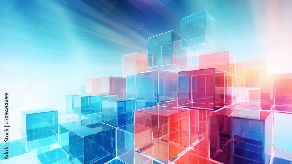 Poster vibrant 3d rendering: abstract colorful background with transparent cubes installation