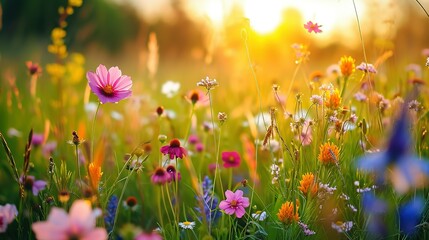 Obraz na płótnie Canvas Beautiful wildflowers on a green meadow. Warm summer evening
