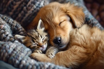 A playful puppy and a kitten cuddling together in a cozy setting Symbolizing friendship and animal companionship