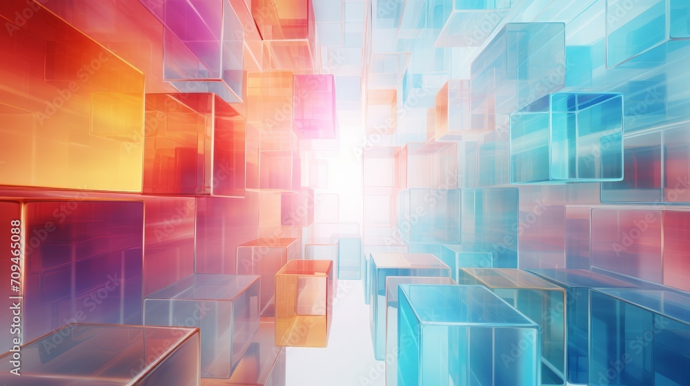 Poster vibrant 3d rendering: abstract colorful background with transparent cubes installation
