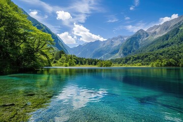 A serene landscape with a crystal-clear lake Surrounded by lush greenery and a stunning mountain range in the background