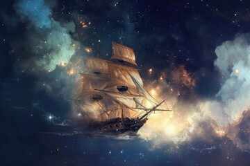 Naklejka premium A space pirate ship sailing through a nebulous sea