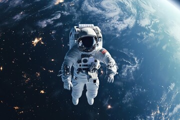 A tranquil scene of an astronaut in orbit around a blue planet