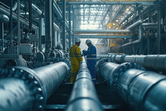 Workers inspecting and maintaining the various components of an industrial pipeline