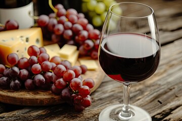 An elegant glass of red wine with grapes and a cheese platter in the background Set on a rustic wooden table