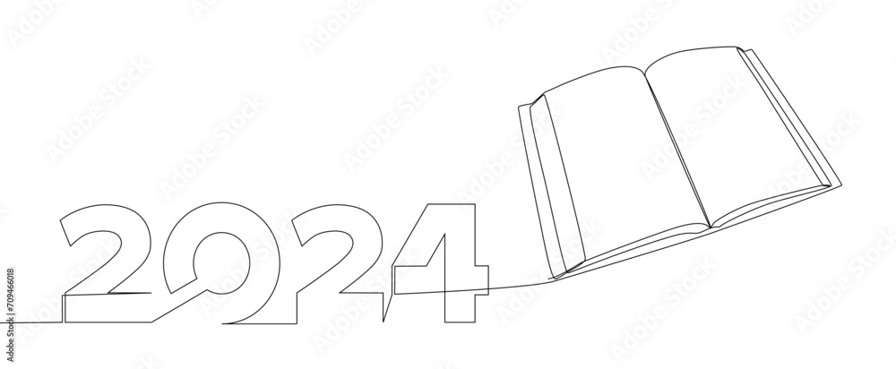 Poster one continuous line of book with the number 2024. thin line illustration vector concept. contour dra