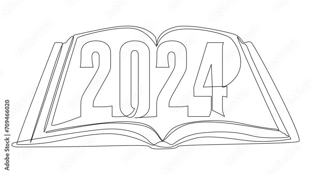 Poster one continuous line of book with the number 2024. thin line illustration vector concept. contour dra