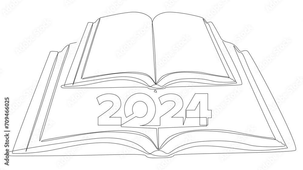 Poster one continuous line of book with the number 2024. thin line illustration vector concept. contour dra