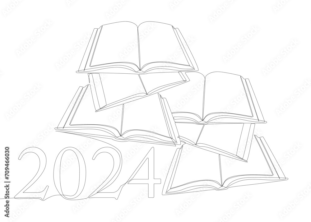 Poster one continuous line of book with the number 2024. thin line illustration vector concept. contour dra