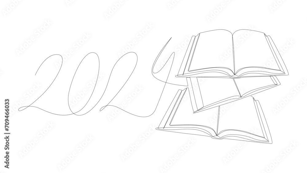 Poster one continuous line of book with the number 2024. thin line illustration vector concept. contour dra