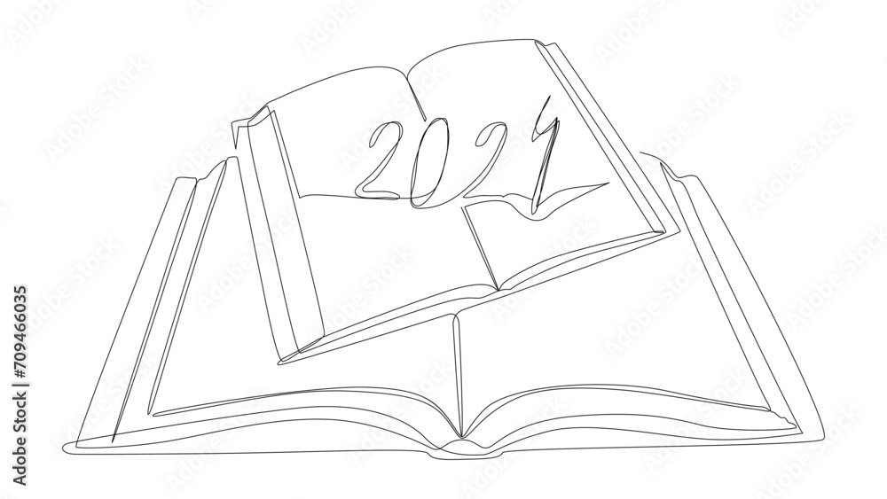 Poster one continuous line of book with the number 2024. thin line illustration vector concept. contour dra