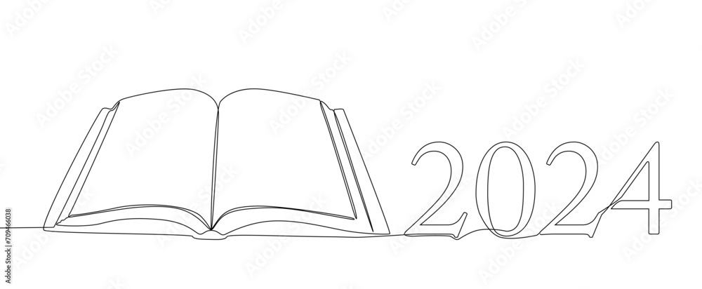 Poster one continuous line of book with the number 2024. thin line illustration vector concept. contour dra