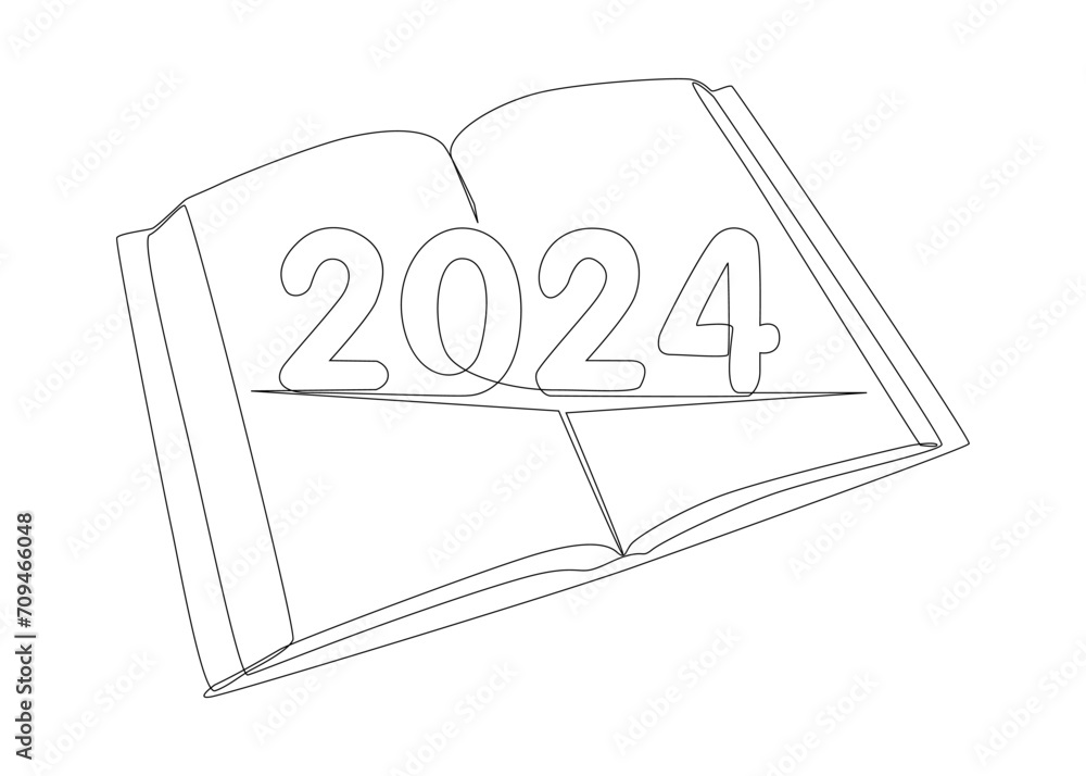 Poster one continuous line of book with the number 2024. thin line illustration vector concept. contour dra