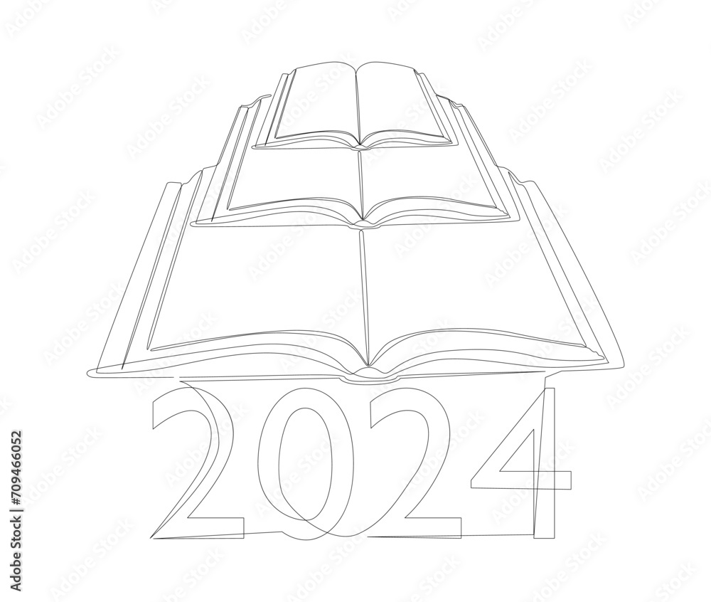 Poster one continuous line of book with the number 2024. thin line illustration vector concept. contour dra