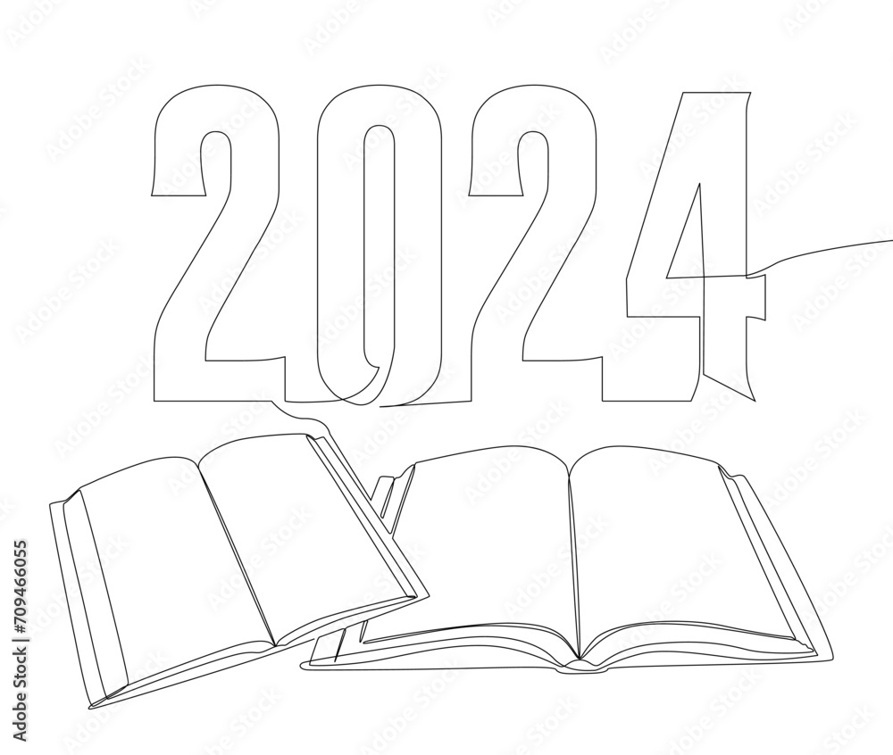 Poster one continuous line of book with the number 2024. thin line illustration vector concept. contour dra